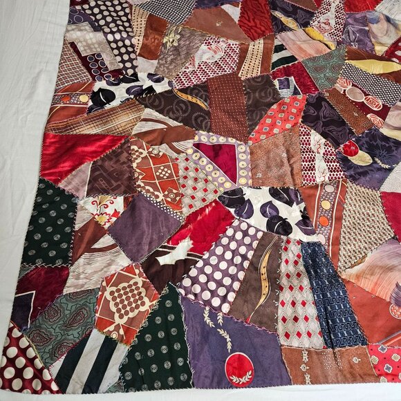 Vint Handmade Crazy Lap Quilt Blanket Silk Scarve Scarf Patchwork Boho 65"x 42" - Picture 9 of 13